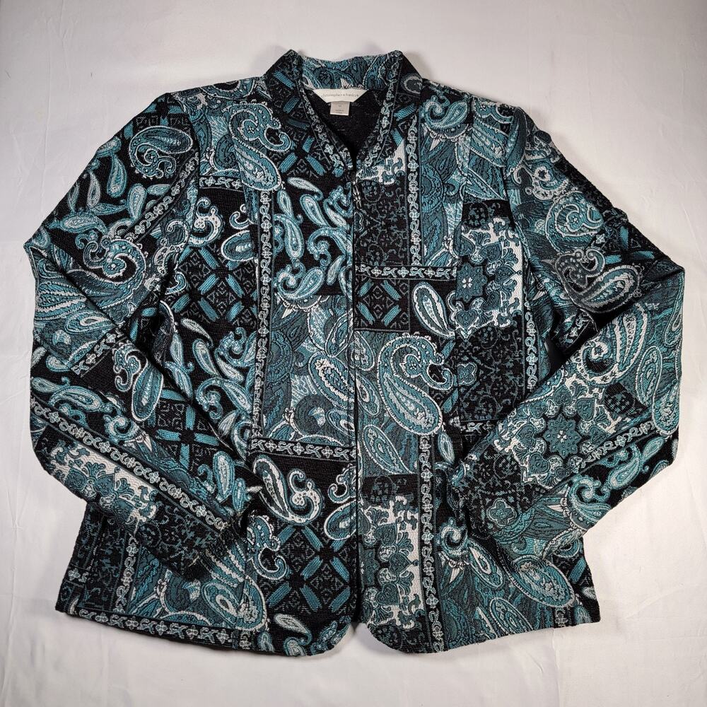 Christopher & Banks Womens Medium Paisley Zip Jacket Blue Black Tapestry Boho